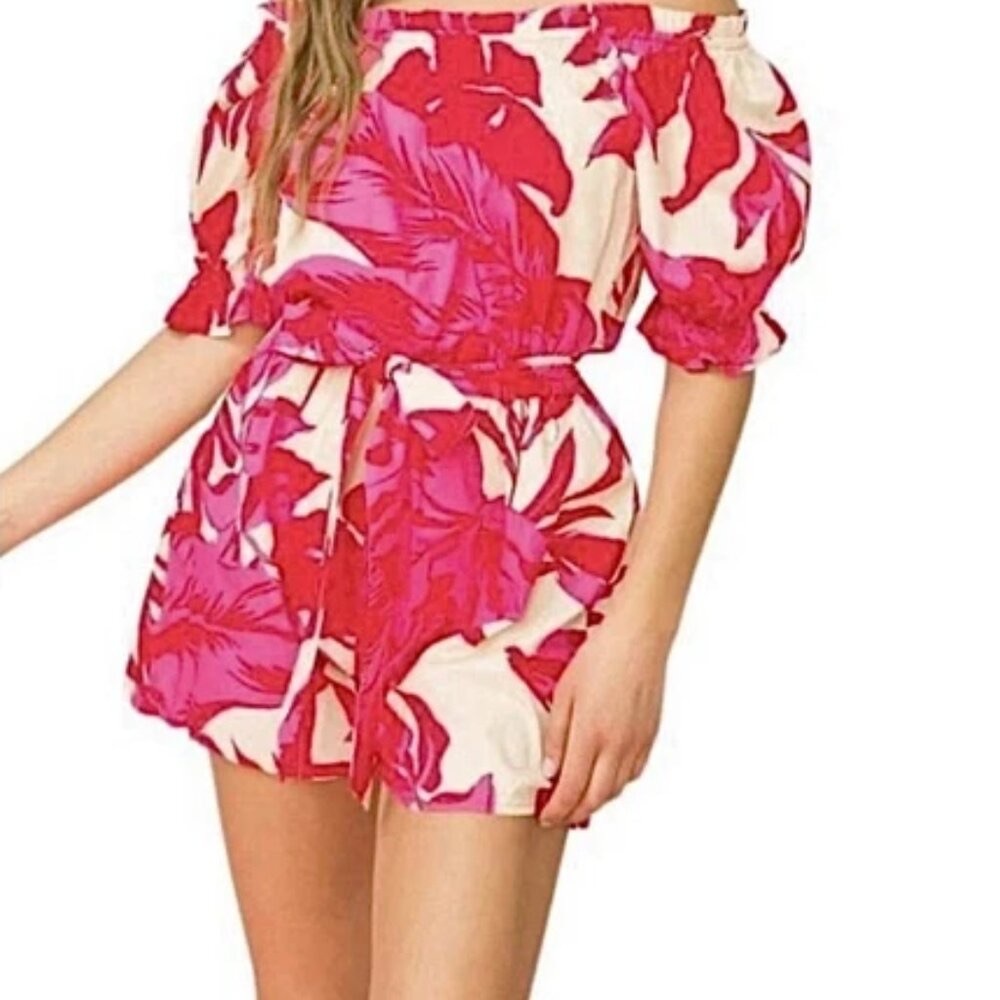 Flying Tomato Red Pink Floral Off Shoulder Tie Waist Shorts Romper - Small